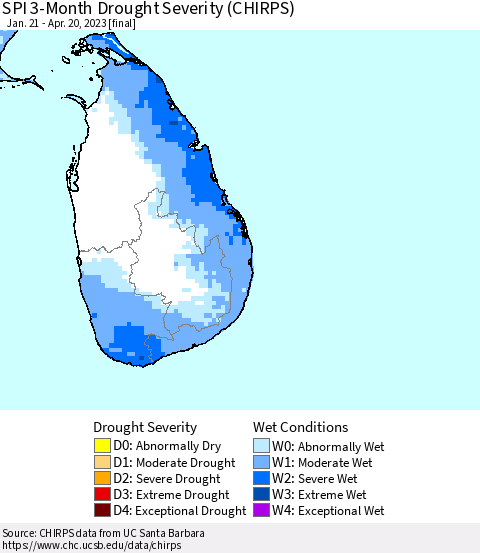 Sri Lanka SPI 3-Month Drought Severity (CHIRPS) Thematic Map For 1/21/2023 - 4/20/2023