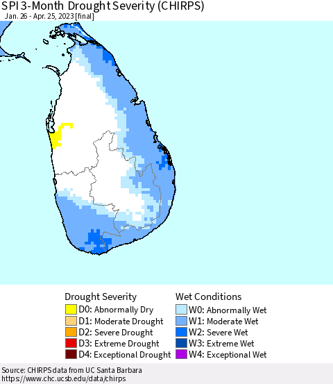 Sri Lanka SPI 3-Month Drought Severity (CHIRPS) Thematic Map For 1/26/2023 - 4/25/2023