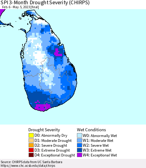 Sri Lanka SPI 3-Month Drought Severity (CHIRPS) Thematic Map For 2/6/2023 - 5/5/2023