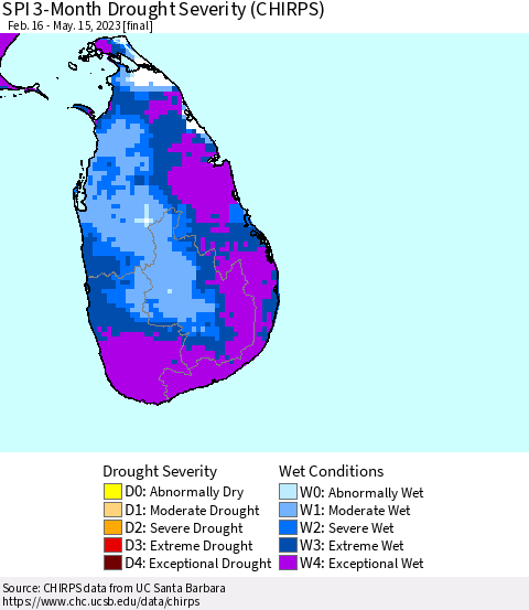 Sri Lanka SPI 3-Month Drought Severity (CHIRPS) Thematic Map For 2/16/2023 - 5/15/2023