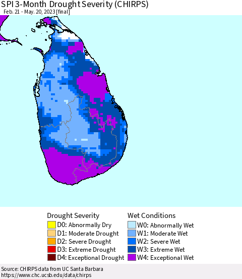 Sri Lanka SPI 3-Month Drought Severity (CHIRPS) Thematic Map For 2/21/2023 - 5/20/2023