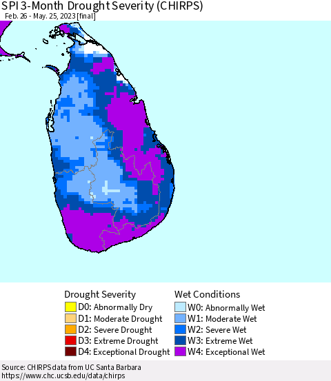 Sri Lanka SPI 3-Month Drought Severity (CHIRPS) Thematic Map For 2/26/2023 - 5/25/2023