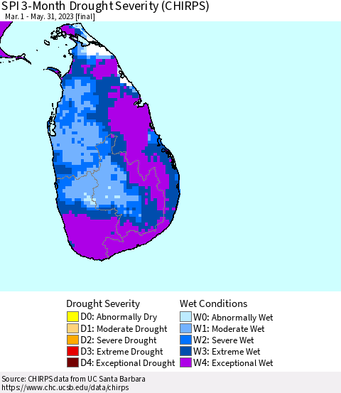 Sri Lanka SPI 3-Month Drought Severity (CHIRPS) Thematic Map For 3/1/2023 - 5/31/2023