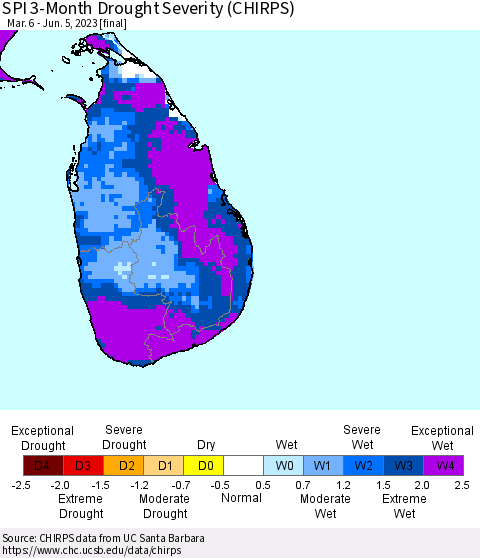 Sri Lanka SPI 3-Month Drought Severity (CHIRPS) Thematic Map For 3/6/2023 - 6/5/2023