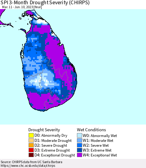 Sri Lanka SPI 3-Month Drought Severity (CHIRPS) Thematic Map For 3/11/2023 - 6/10/2023