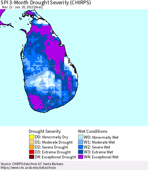 Sri Lanka SPI 3-Month Drought Severity (CHIRPS) Thematic Map For 3/21/2023 - 6/20/2023