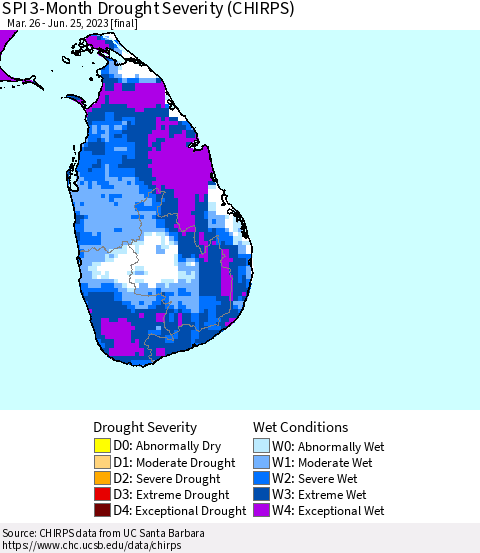 Sri Lanka SPI 3-Month Drought Severity (CHIRPS) Thematic Map For 3/26/2023 - 6/25/2023
