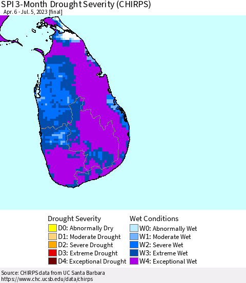 Sri Lanka SPI 3-Month Drought Severity (CHIRPS) Thematic Map For 4/6/2023 - 7/5/2023