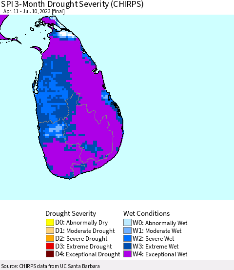 Sri Lanka SPI 3-Month Drought Severity (CHIRPS) Thematic Map For 4/11/2023 - 7/10/2023
