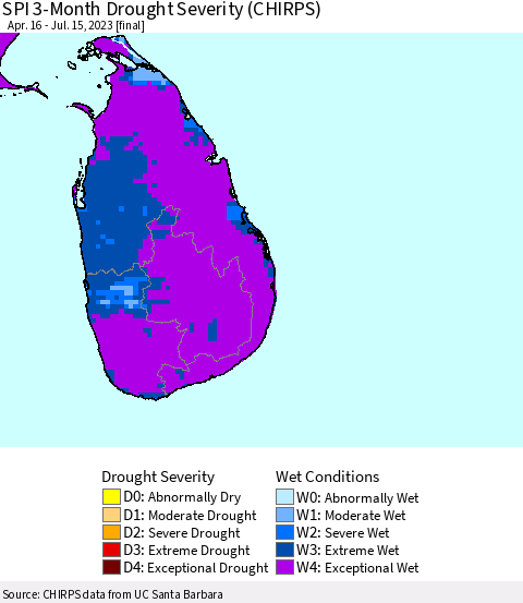 Sri Lanka SPI 3-Month Drought Severity (CHIRPS) Thematic Map For 4/16/2023 - 7/15/2023