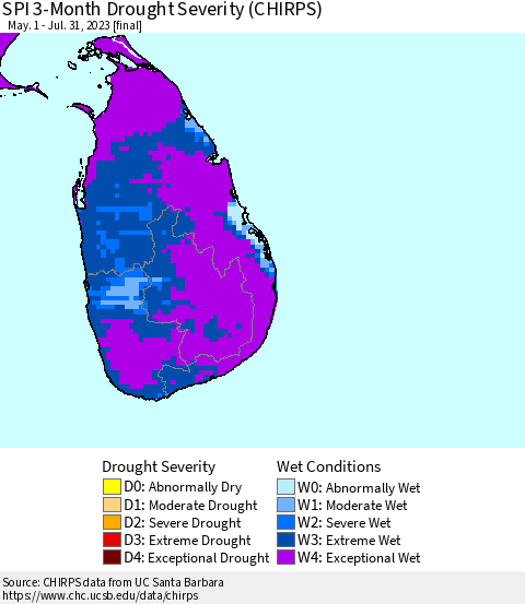 Sri Lanka SPI 3-Month Drought Severity (CHIRPS) Thematic Map For 5/1/2023 - 7/31/2023