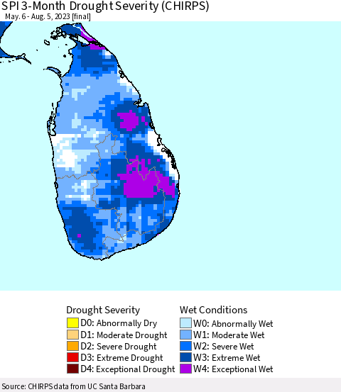 Sri Lanka SPI 3-Month Drought Severity (CHIRPS) Thematic Map For 5/6/2023 - 8/5/2023
