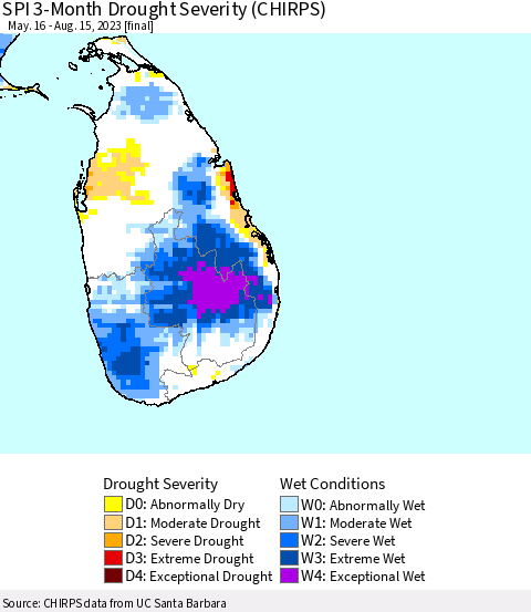 Sri Lanka SPI 3-Month Drought Severity (CHIRPS) Thematic Map For 5/16/2023 - 8/15/2023