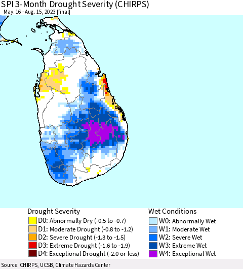 Sri Lanka SPI 3-Month Drought Severity (CHIRPS) Thematic Map For 5/16/2023 - 8/15/2023