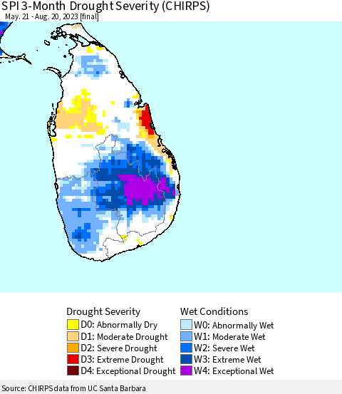 Sri Lanka SPI 3-Month Drought Severity (CHIRPS) Thematic Map For 5/21/2023 - 8/20/2023