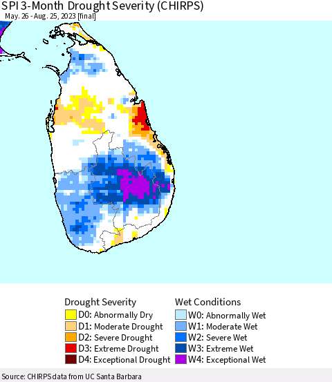 Sri Lanka SPI 3-Month Drought Severity (CHIRPS) Thematic Map For 5/26/2023 - 8/25/2023