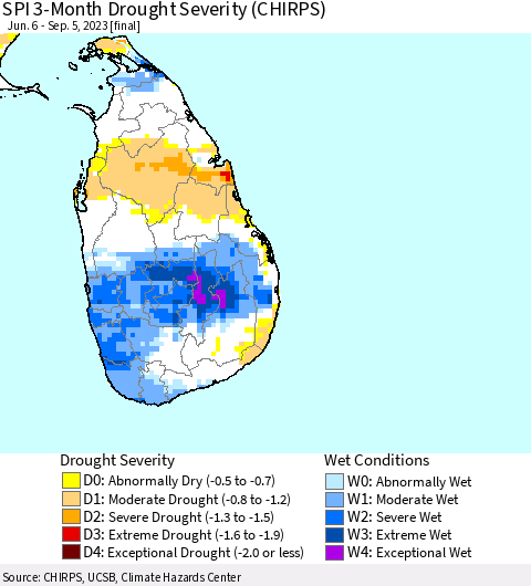 Sri Lanka SPI 3-Month Drought Severity (CHIRPS) Thematic Map For 6/6/2023 - 9/5/2023