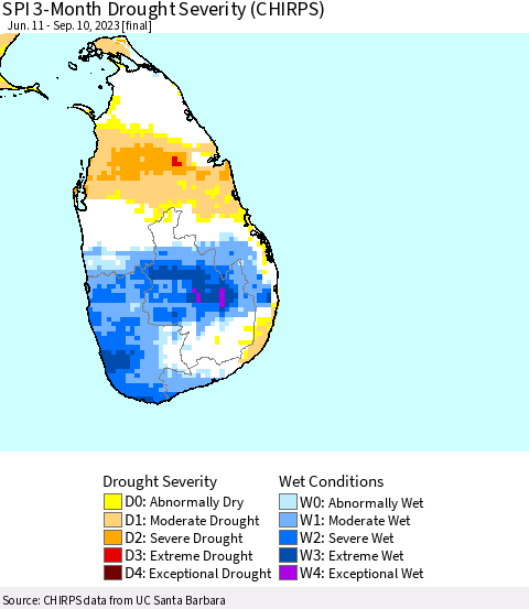 Sri Lanka SPI 3-Month Drought Severity (CHIRPS) Thematic Map For 6/11/2023 - 9/10/2023