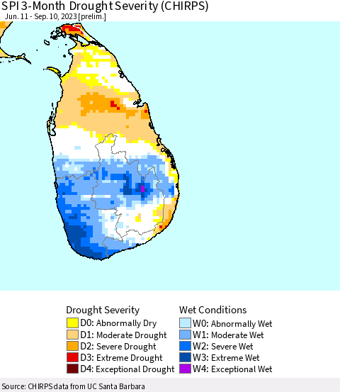 Sri Lanka SPI 3-Month Drought Severity (CHIRPS) Thematic Map For 6/11/2023 - 9/10/2023