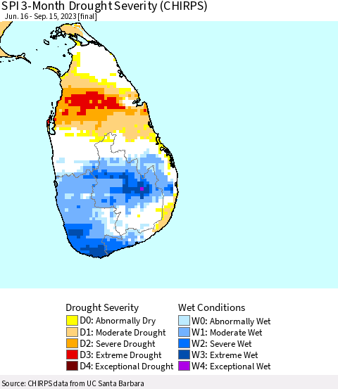 Sri Lanka SPI 3-Month Drought Severity (CHIRPS) Thematic Map For 6/16/2023 - 9/15/2023