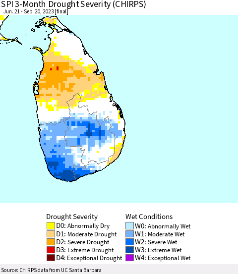 Sri Lanka SPI 3-Month Drought Severity (CHIRPS) Thematic Map For 6/21/2023 - 9/20/2023