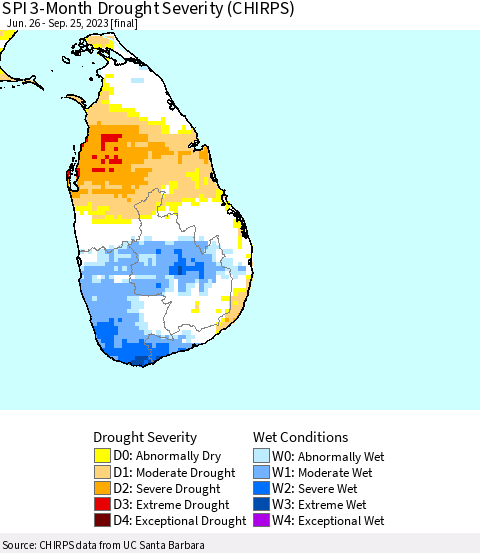 Sri Lanka SPI 3-Month Drought Severity (CHIRPS) Thematic Map For 6/26/2023 - 9/25/2023