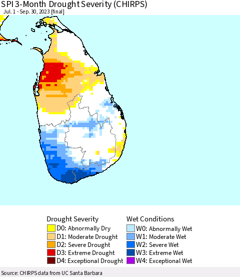 Sri Lanka SPI 3-Month Drought Severity (CHIRPS) Thematic Map For 7/1/2023 - 9/30/2023
