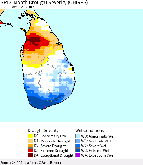 Sri Lanka SPI 3-Month Drought Severity (CHIRPS) Thematic Map For 7/6/2023 - 10/5/2023