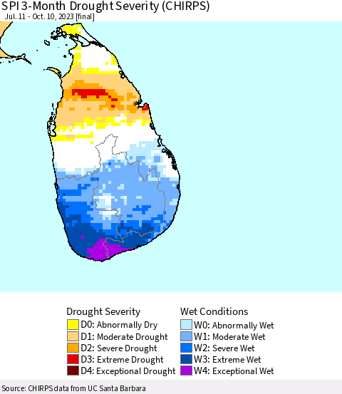Sri Lanka SPI 3-Month Drought Severity (CHIRPS) Thematic Map For 7/11/2023 - 10/10/2023