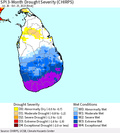 Sri Lanka SPI 3-Month Drought Severity (CHIRPS) Thematic Map For 7/26/2023 - 10/25/2023