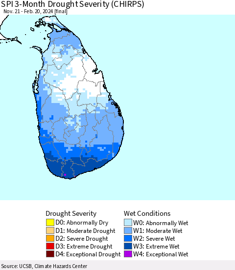 Sri Lanka SPI 3-Month Drought Severity (CHIRPS) Thematic Map For 11/21/2023 - 2/20/2024