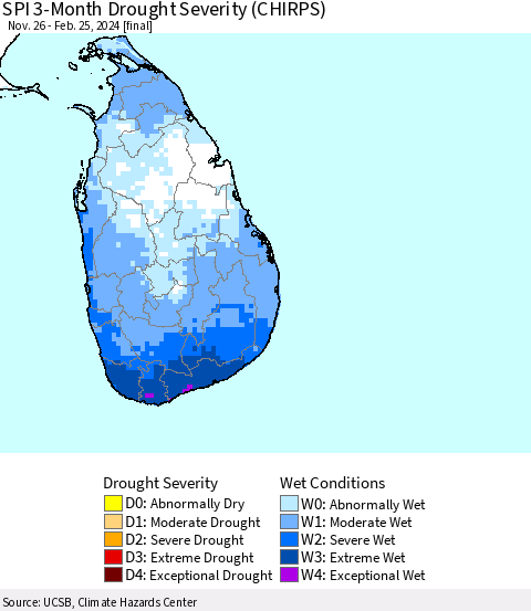 Sri Lanka SPI 3-Month Drought Severity (CHIRPS) Thematic Map For 11/26/2023 - 2/25/2024