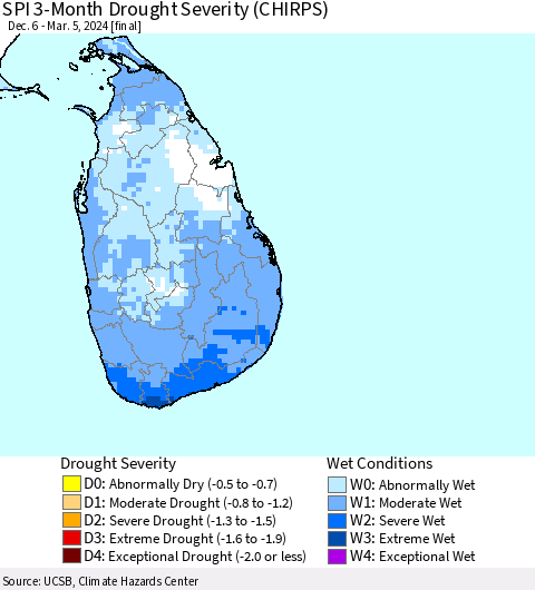 Sri Lanka SPI 3-Month Drought Severity (CHIRPS) Thematic Map For 12/6/2023 - 3/5/2024
