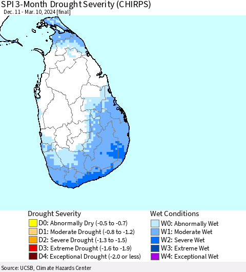 Sri Lanka SPI 3-Month Drought Severity (CHIRPS) Thematic Map For 12/11/2023 - 3/10/2024