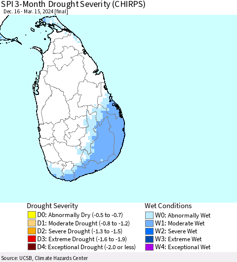 Sri Lanka SPI 3-Month Drought Severity (CHIRPS) Thematic Map For 12/16/2023 - 3/15/2024