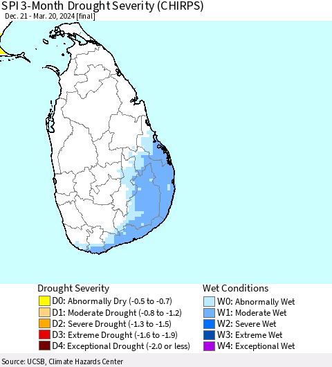 Sri Lanka SPI 3-Month Drought Severity (CHIRPS) Thematic Map For 12/21/2023 - 3/20/2024