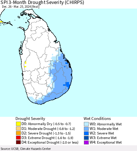 Sri Lanka SPI 3-Month Drought Severity (CHIRPS) Thematic Map For 12/26/2023 - 3/25/2024