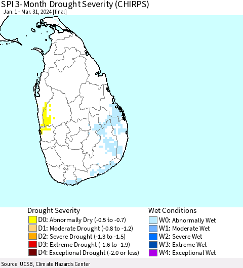 Sri Lanka SPI 3-Month Drought Severity (CHIRPS) Thematic Map For 1/1/2024 - 3/31/2024