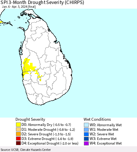 Sri Lanka SPI 3-Month Drought Severity (CHIRPS) Thematic Map For 1/6/2024 - 4/5/2024