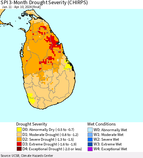 Sri Lanka SPI 3-Month Drought Severity (CHIRPS) Thematic Map For 1/11/2024 - 4/10/2024