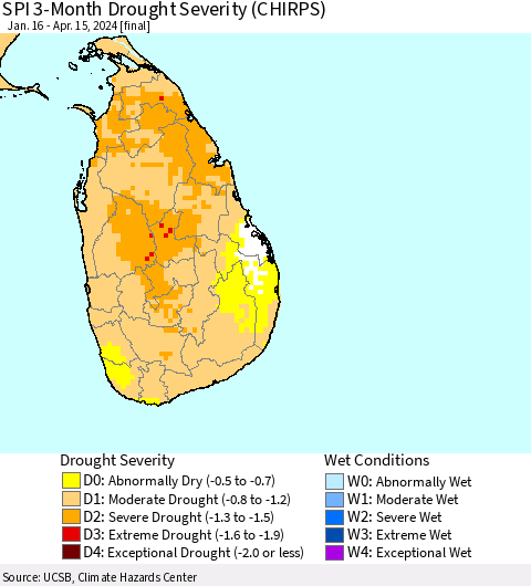 Sri Lanka SPI 3-Month Drought Severity (CHIRPS) Thematic Map For 1/16/2024 - 4/15/2024