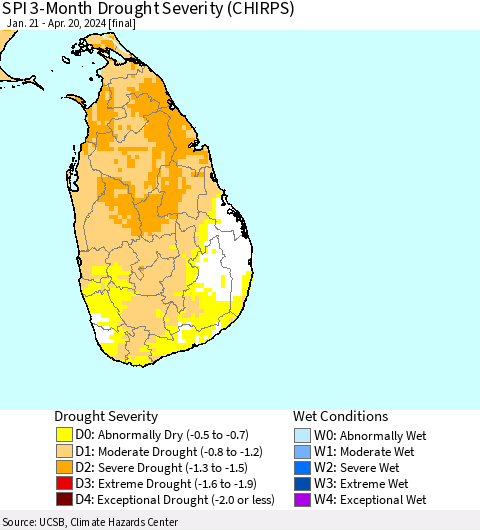 Sri Lanka SPI 3-Month Drought Severity (CHIRPS) Thematic Map For 1/21/2024 - 4/20/2024