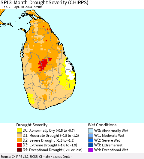 Sri Lanka SPI 3-Month Drought Severity (CHIRPS) Thematic Map For 1/21/2024 - 4/20/2024
