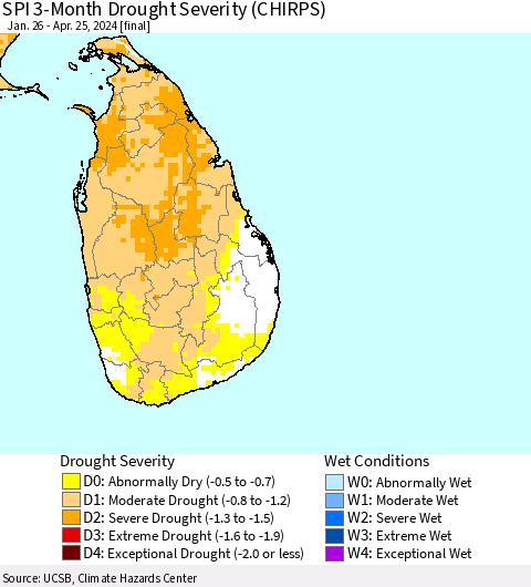 Sri Lanka SPI 3-Month Drought Severity (CHIRPS) Thematic Map For 1/26/2024 - 4/25/2024