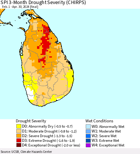 Sri Lanka SPI 3-Month Drought Severity (CHIRPS) Thematic Map For 2/1/2024 - 4/30/2024