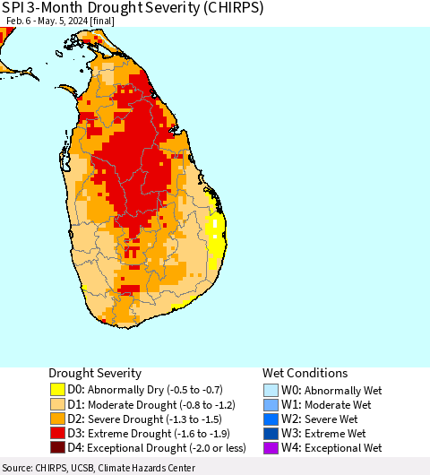 Sri Lanka SPI 3-Month Drought Severity (CHIRPS) Thematic Map For 2/6/2024 - 5/5/2024