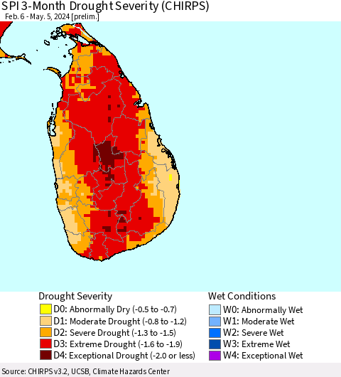 Sri Lanka SPI 3-Month Drought Severity (CHIRPS) Thematic Map For 2/6/2024 - 5/5/2024