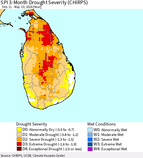 Sri Lanka SPI 3-Month Drought Severity (CHIRPS) Thematic Map For 2/11/2024 - 5/10/2024