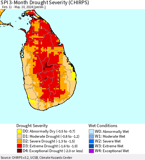 Sri Lanka SPI 3-Month Drought Severity (CHIRPS) Thematic Map For 2/11/2024 - 5/10/2024