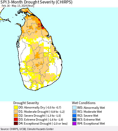 Sri Lanka SPI 3-Month Drought Severity (CHIRPS) Thematic Map For 2/16/2024 - 5/15/2024